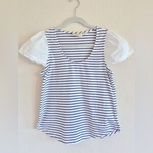 Maeve by Anthropologie | Striped Scoop Neck Tee Top with Scalloped Cap Sleeves M